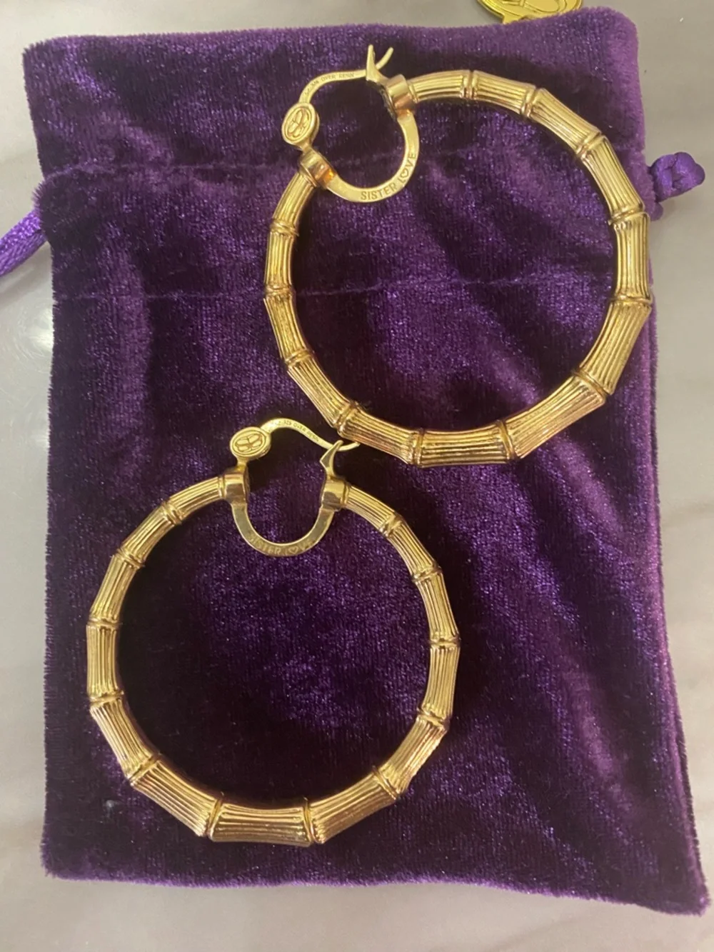 Gold Bamboo Hoop Earrings - Designer Style - Picture 2 of 2